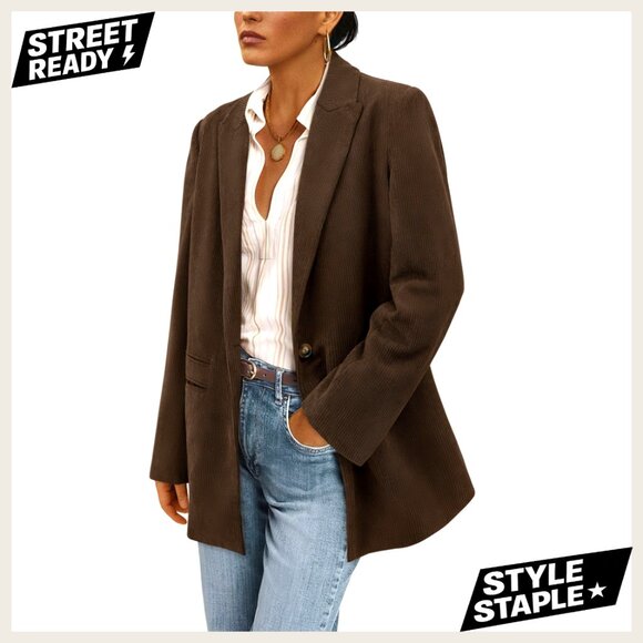 Jackets & Blazers - Corduroy Blazer Women's Long Sleeve Lapel Button Front Work Casual